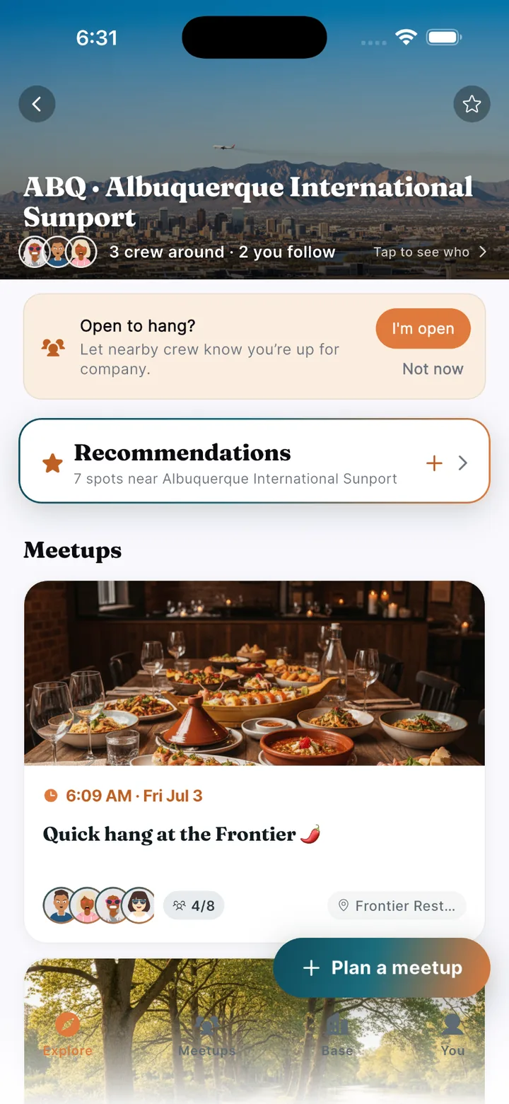 Airport detail with crew nearby and upcoming meetups